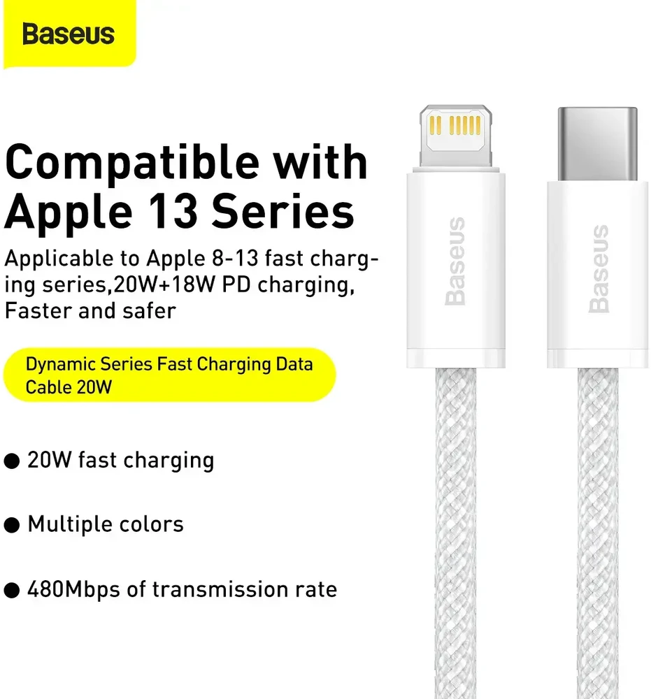 Baseus CALD000002 duomenų perdavimo ir įkrovimo kabelis | USB-C į Lightning | 20W | 1 m | balta