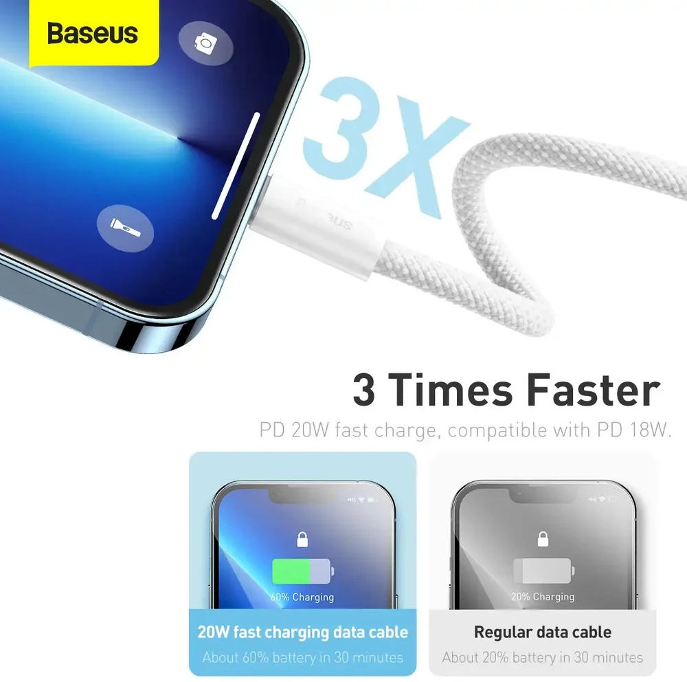 Baseus CALD000002 duomenų perdavimo ir įkrovimo kabelis | USB-C į Lightning | 20W | 1 m | balta