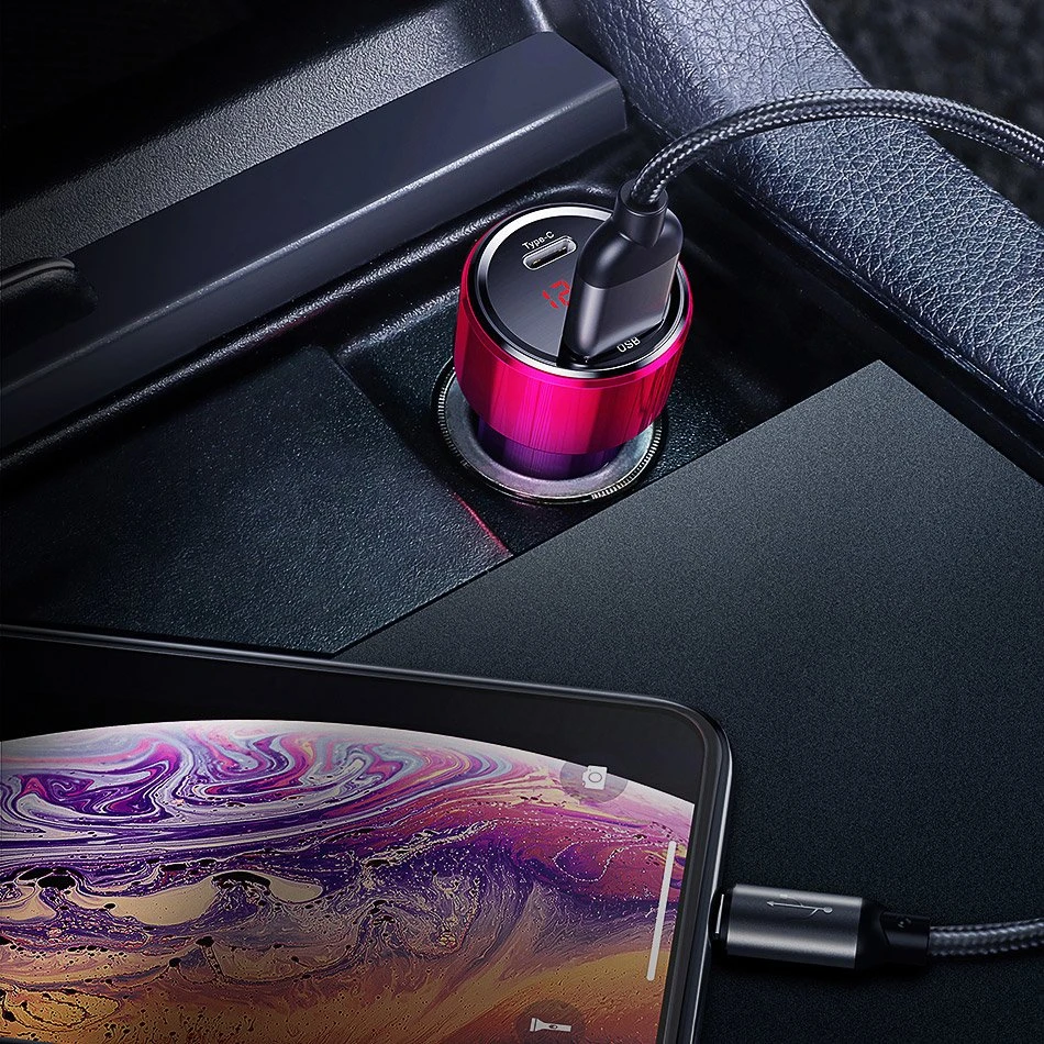Dėklas Baseus Magic automobilinis įkroviklis USB + USB-C QC 4.0 PD 45W - Raudonas / Mėlynas