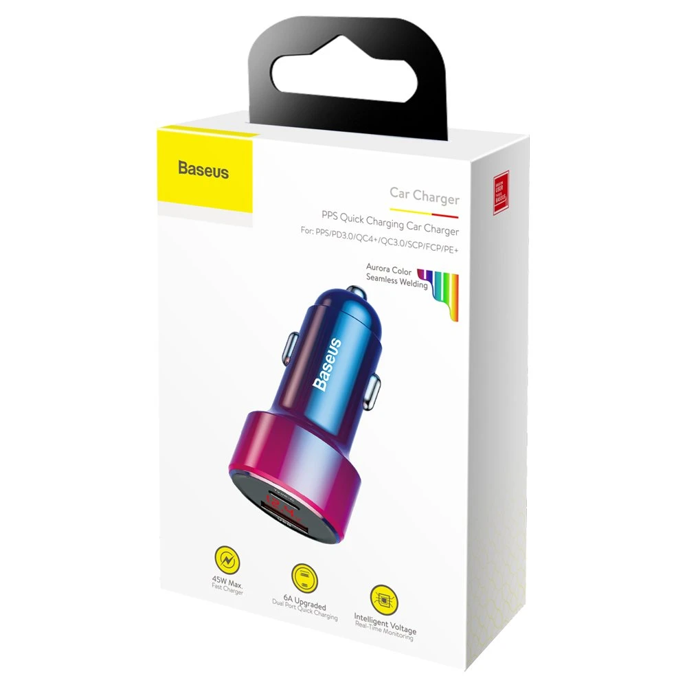 Dėklas Baseus Magic automobilinis įkroviklis USB + USB-C QC 4.0 PD 45W - Raudonas / Mėlynas