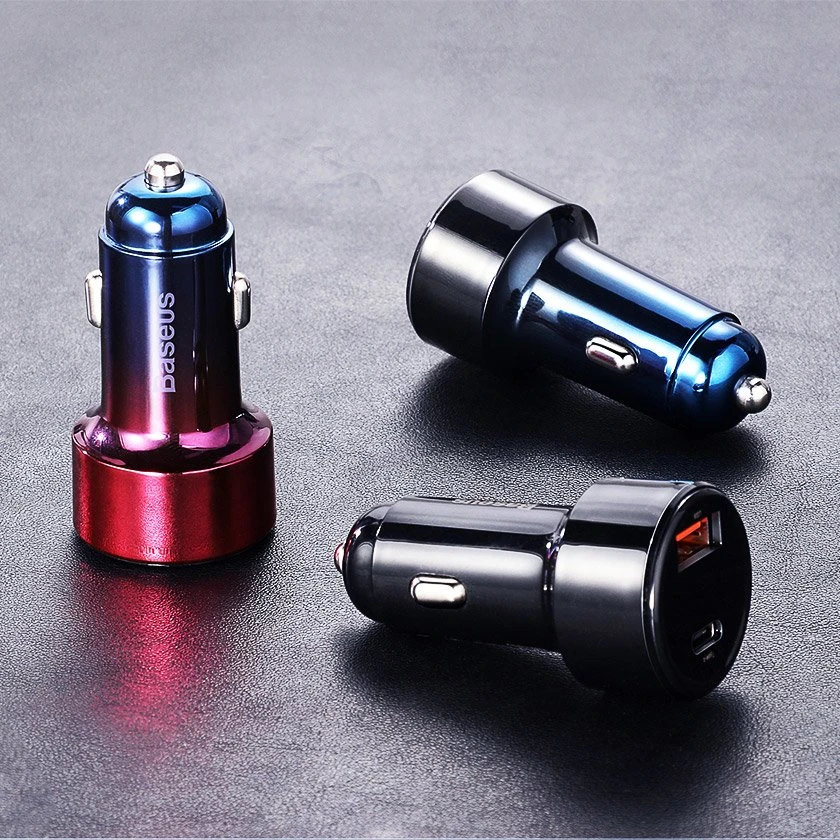 Dėklas Baseus Magic automobilinis įkroviklis USB + USB-C QC 4.0 PD 45W - Raudonas / Mėlynas