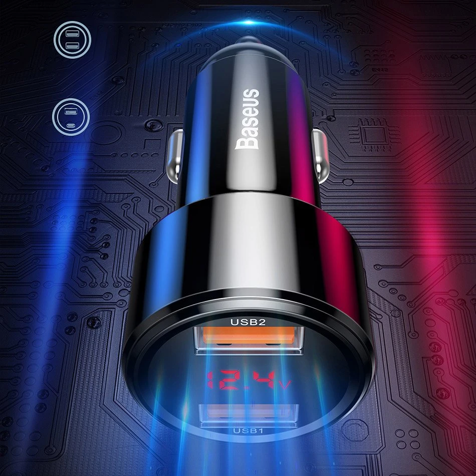 Dėklas Baseus Magic automobilinis įkroviklis USB + USB-C QC 4.0 PD 45W - Raudonas / Mėlynas