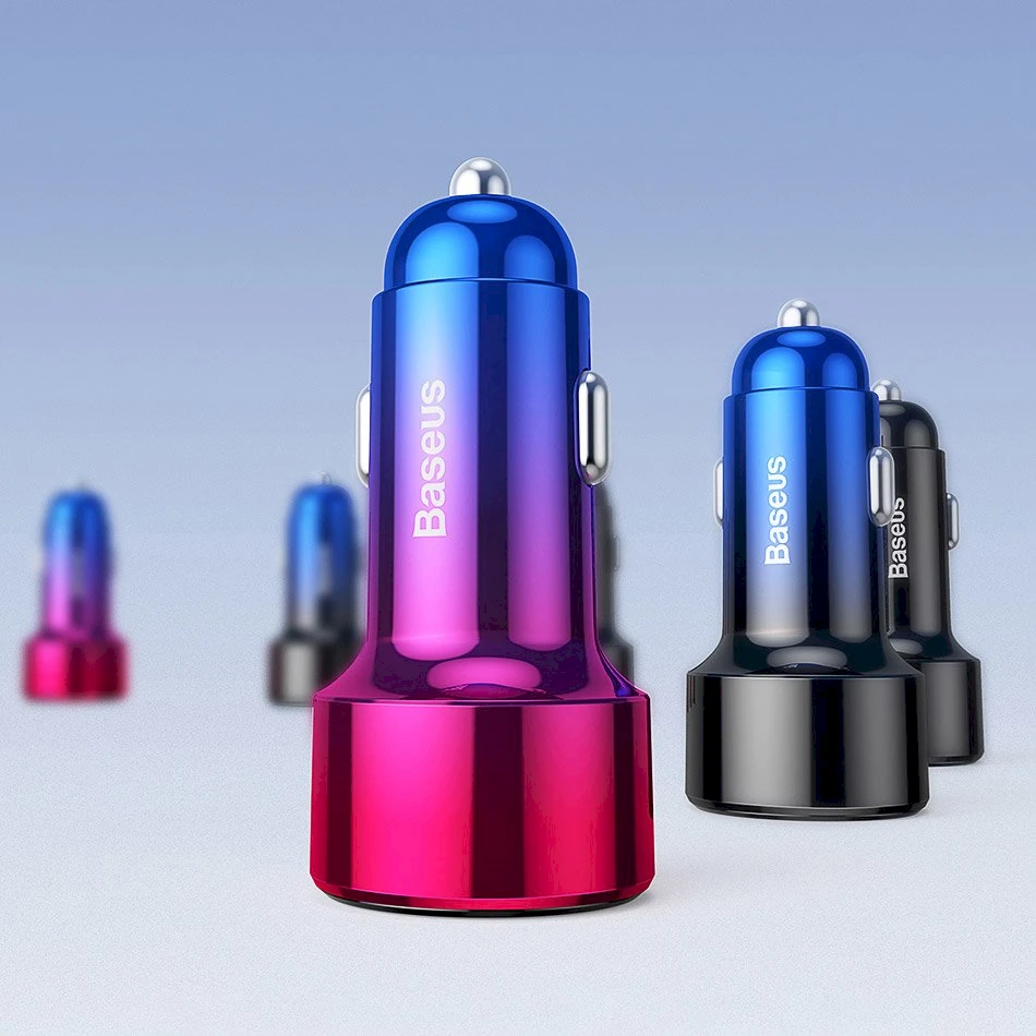 Dėklas Baseus Magic automobilinis įkroviklis USB + USB-C QC 4.0 PD 45W - Raudonas / Mėlynas