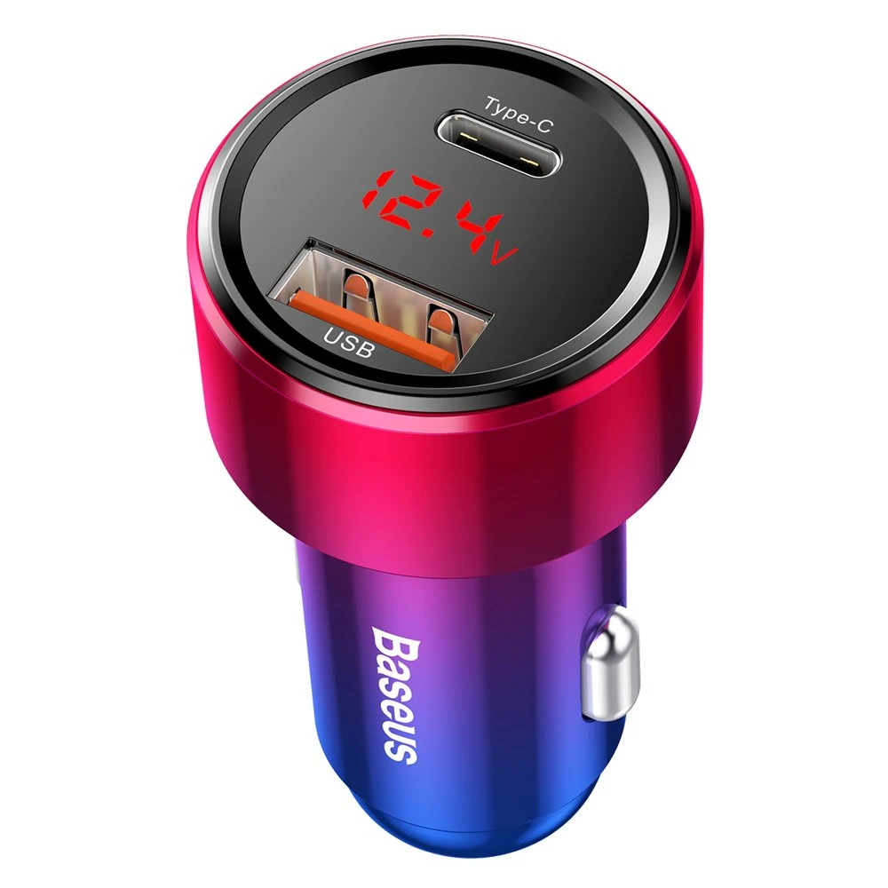 Dėklas Baseus Magic automobilinis įkroviklis USB + USB-C QC 4.0 PD 45W - Raudonas / Mėlynas