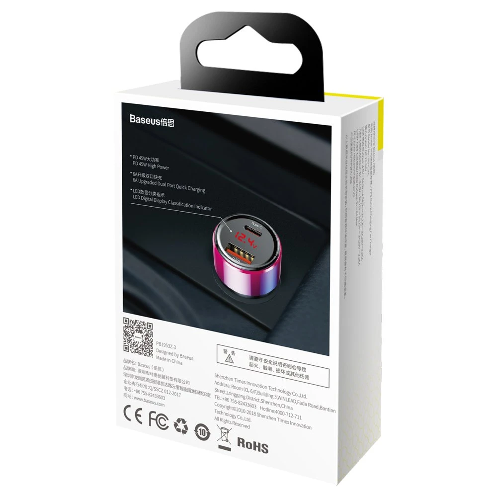 Dėklas Baseus Magic automobilinis įkroviklis USB + USB-C QC 4.0 PD 45W - Raudonas / Mėlynas