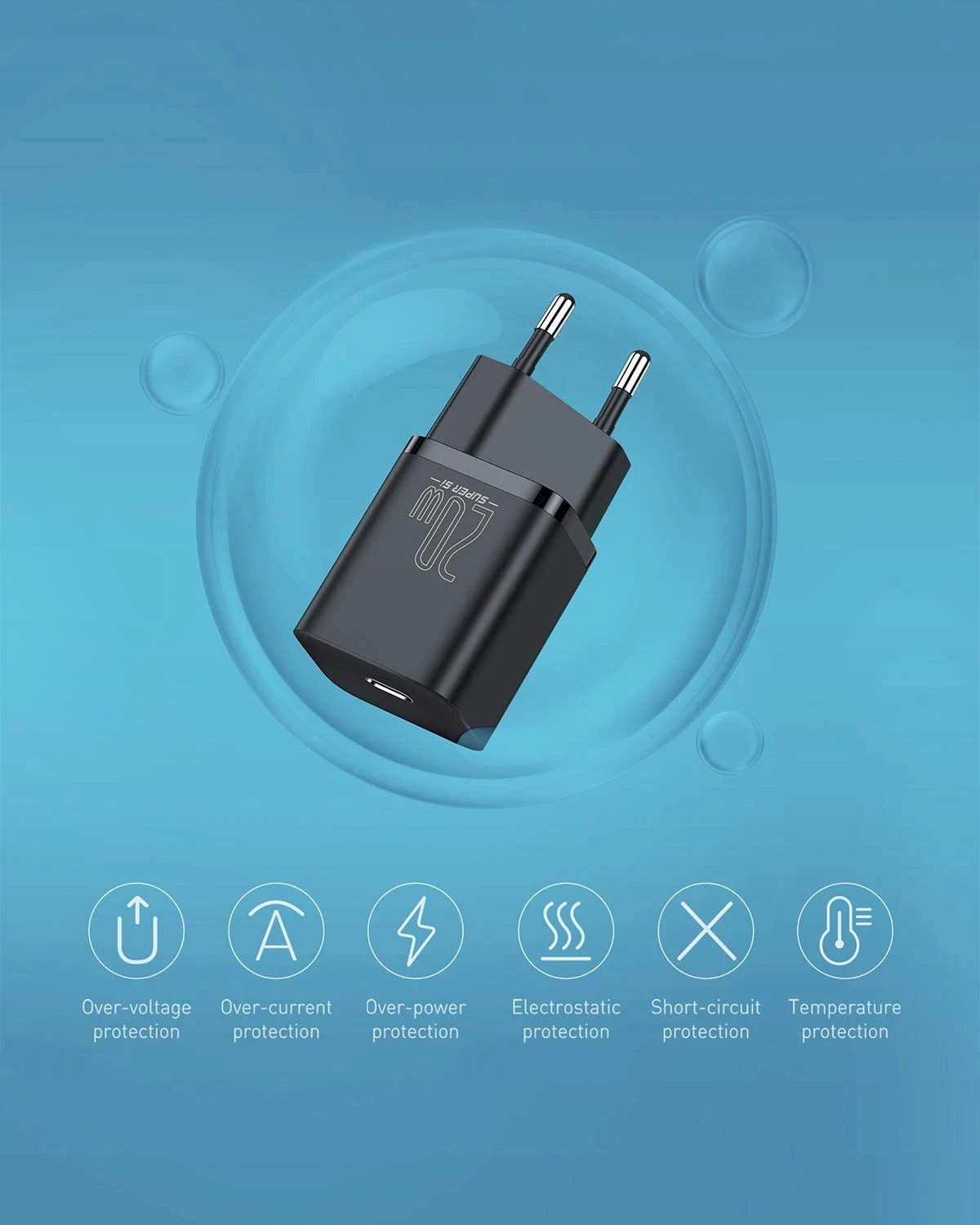 Baseus Sieninis įkroviklis Super Si 20W USB-C QC3.0 PD, juodas