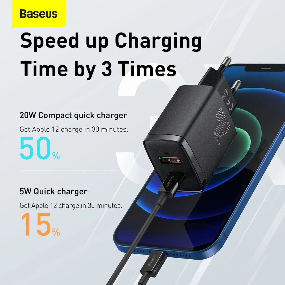 Baseus Kompaktiškas sieninis greitasis įkroviklis USB-C 20W, Juodos spalvos (CCXJ-B01)