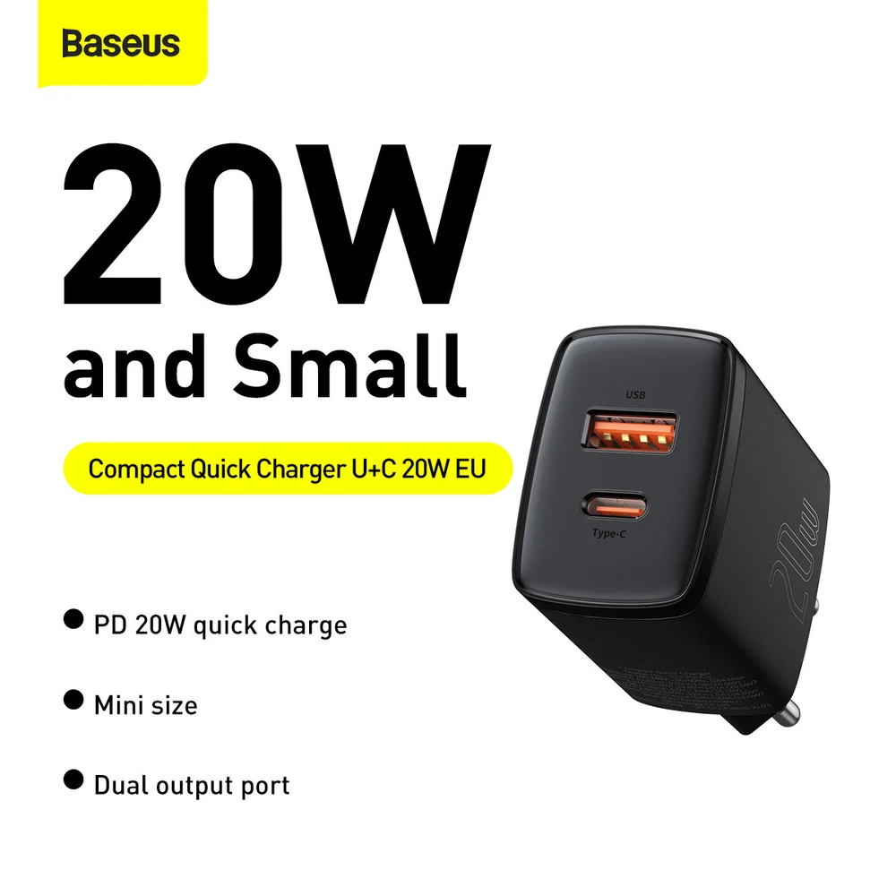 Baseus Kompaktiškas sieninis greitasis įkroviklis USB-C 20W, Juodos spalvos (CCXJ-B01)