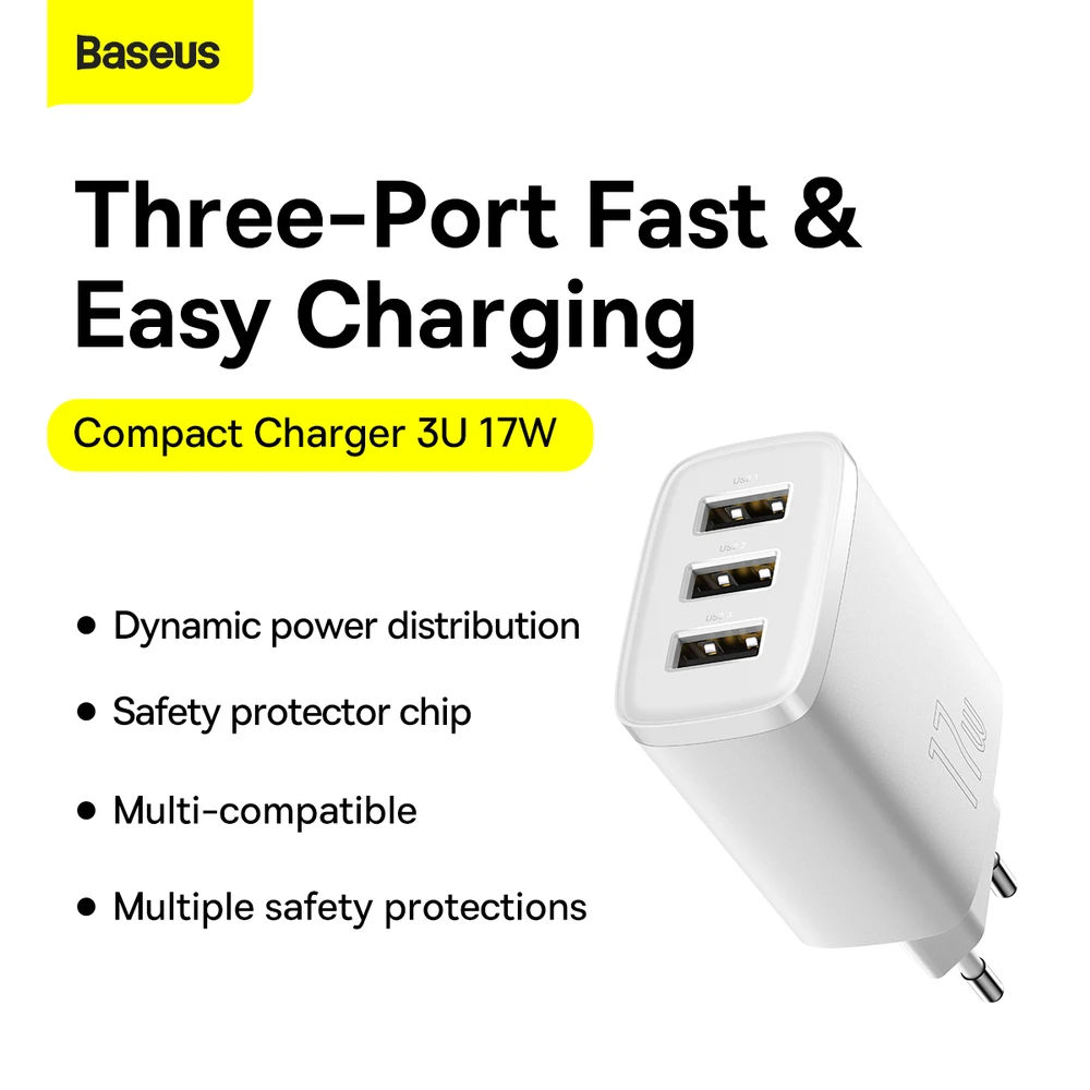 Baseus kompaktiškas greitas įkroviklis, 3x USB, 17W - baltas