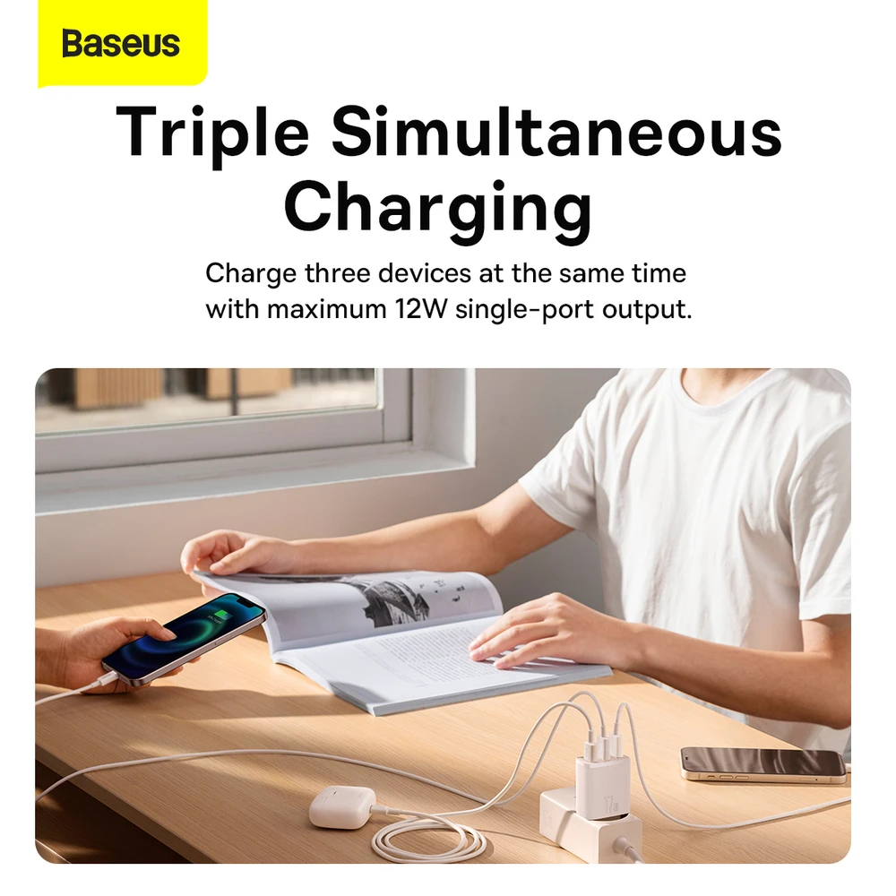 Baseus kompaktiškas greitas įkroviklis, 3x USB, 17W - baltas