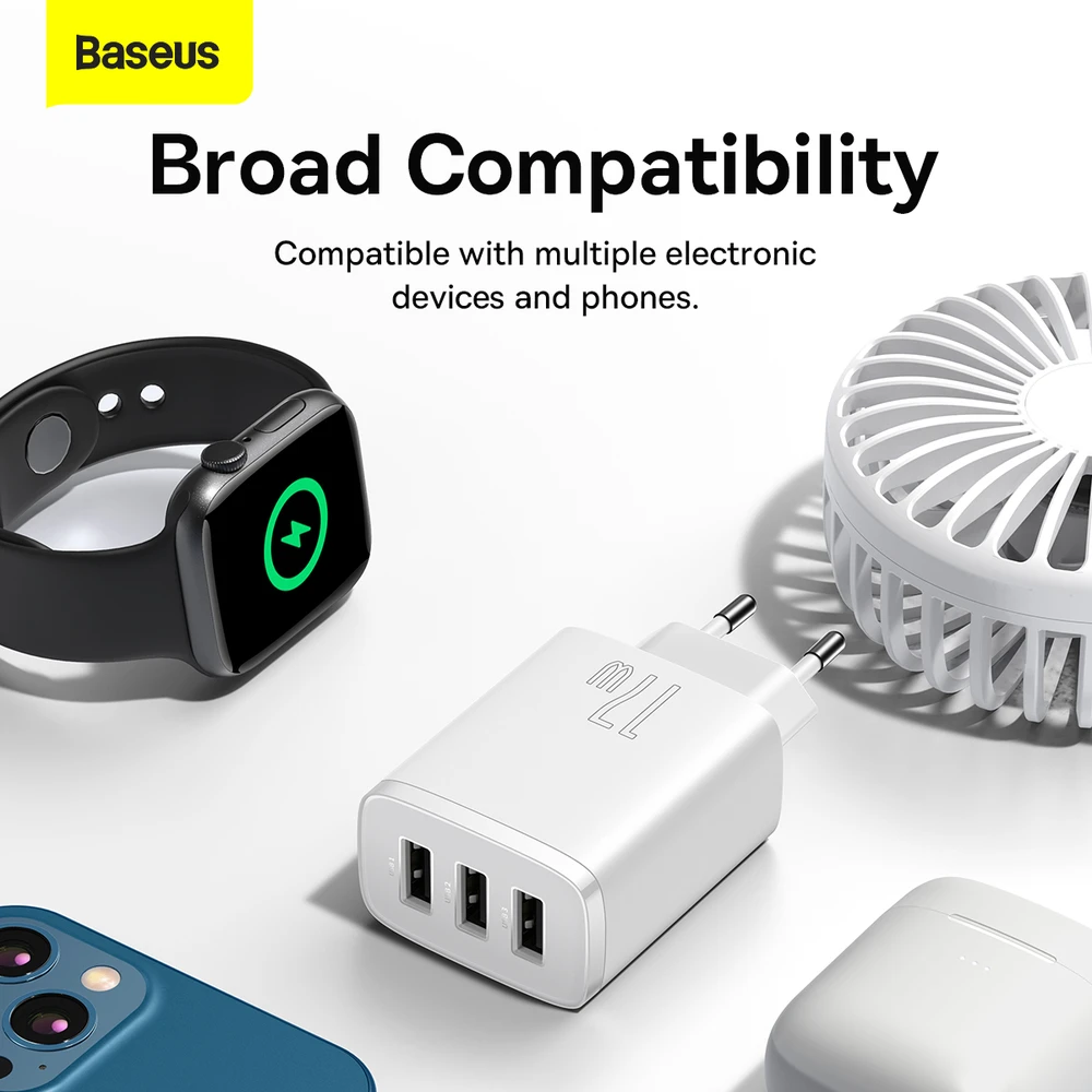 Baseus kompaktiškas greitas įkroviklis, 3x USB, 17W - baltas
