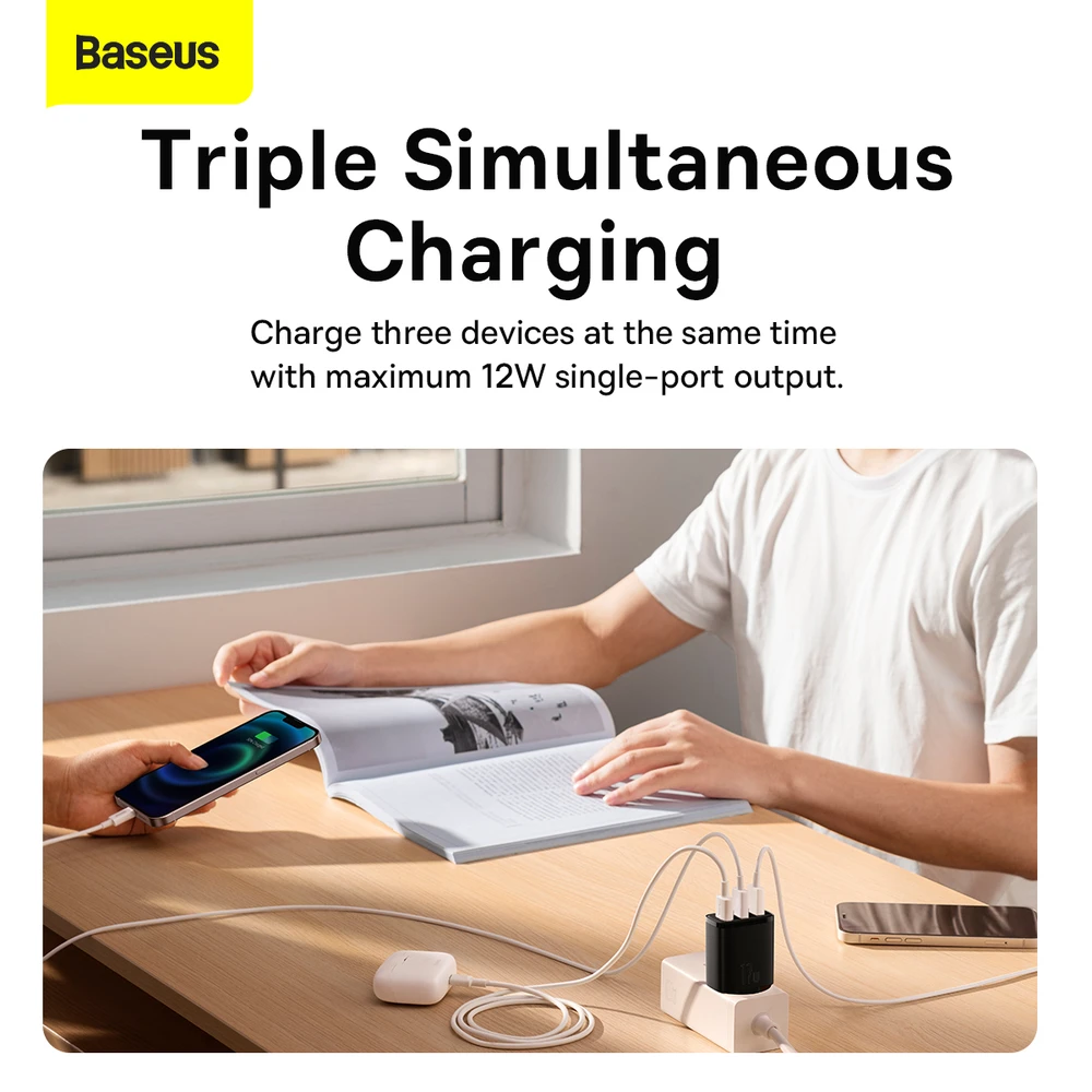 Baseus Sieninis įkroviklis 17W 3xUSB 3.4A, juodas