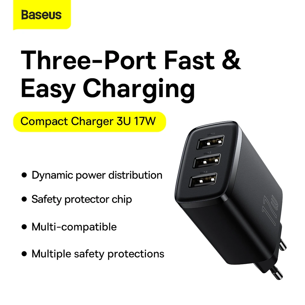 Baseus Sieninis įkroviklis 17W 3xUSB 3.4A, juodas