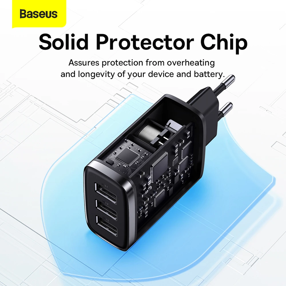 Baseus Sieninis įkroviklis 17W 3xUSB 3.4A, juodas