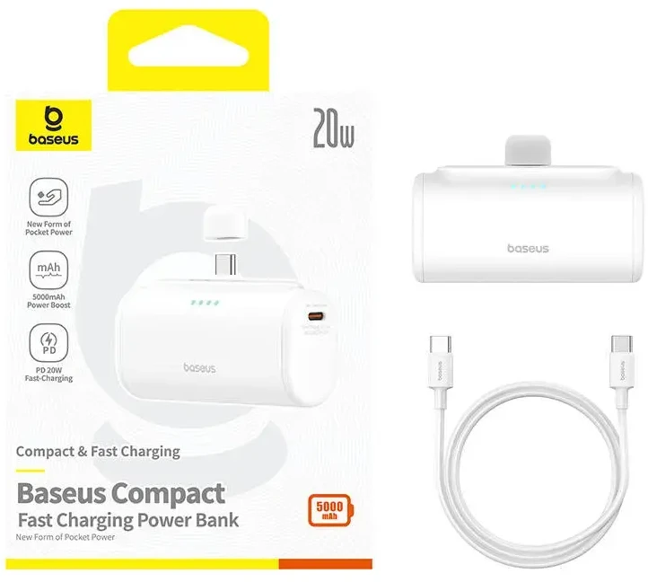 Powerbank Baseus Compact 5000 mAh, 20 W, USB-C (balta)