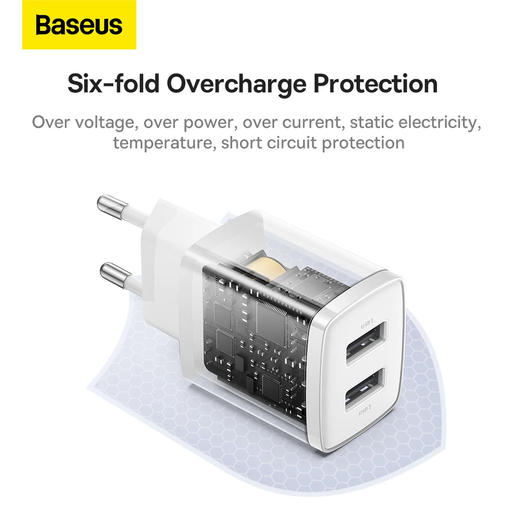 „Baseus“ kompaktiškas greitas įkroviklis, 2x USB, 10,5 W (baltas)