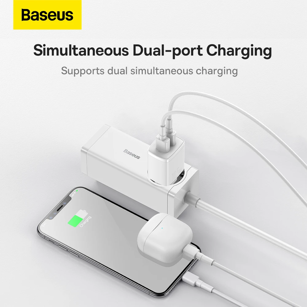 „Baseus“ kompaktiškas greitas įkroviklis, 2x USB, 10,5 W (baltas)