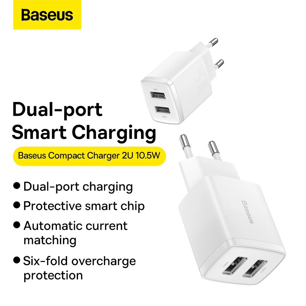 „Baseus“ kompaktiškas greitas įkroviklis, 2x USB, 10,5 W (baltas)