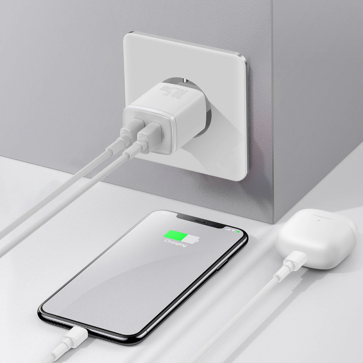 „Baseus“ kompaktiškas greitas įkroviklis, 2x USB, 10,5 W (baltas)