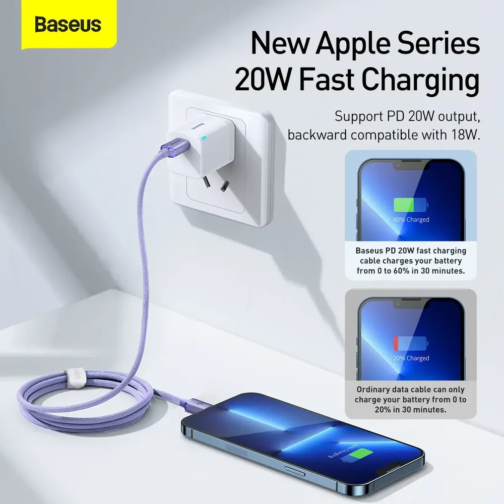 Baseus Crystal Shine USB-C – Lightning laidas 20W PD 1.2m – Violetinis