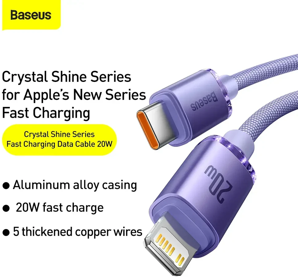 Baseus Crystal Shine USB-C – Lightning laidas 20W PD 1.2m – Violetinis