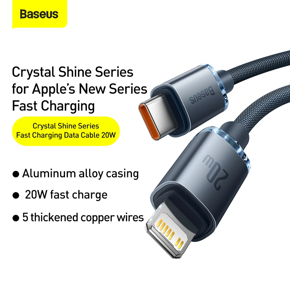 Baseus Crystal Shine USB-C į Lightning jungties laidas, 20W, PD, 2m juodos spalvos