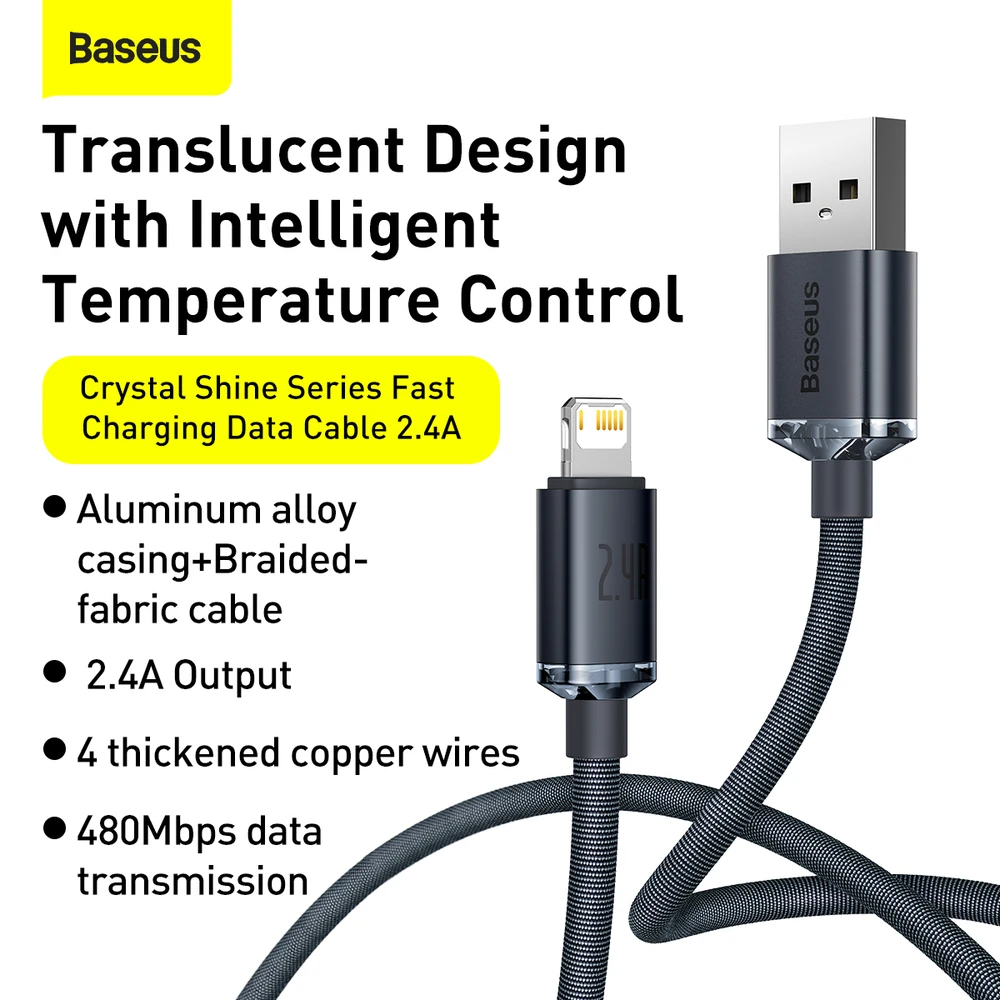 Baseus Crystal Shine laidas USB - Lightning 2.4A 1.2m - Juodas