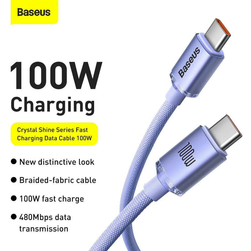 Baseus Crystal Shine USB-C – USB-C laidas 100W 2m – Violetinis