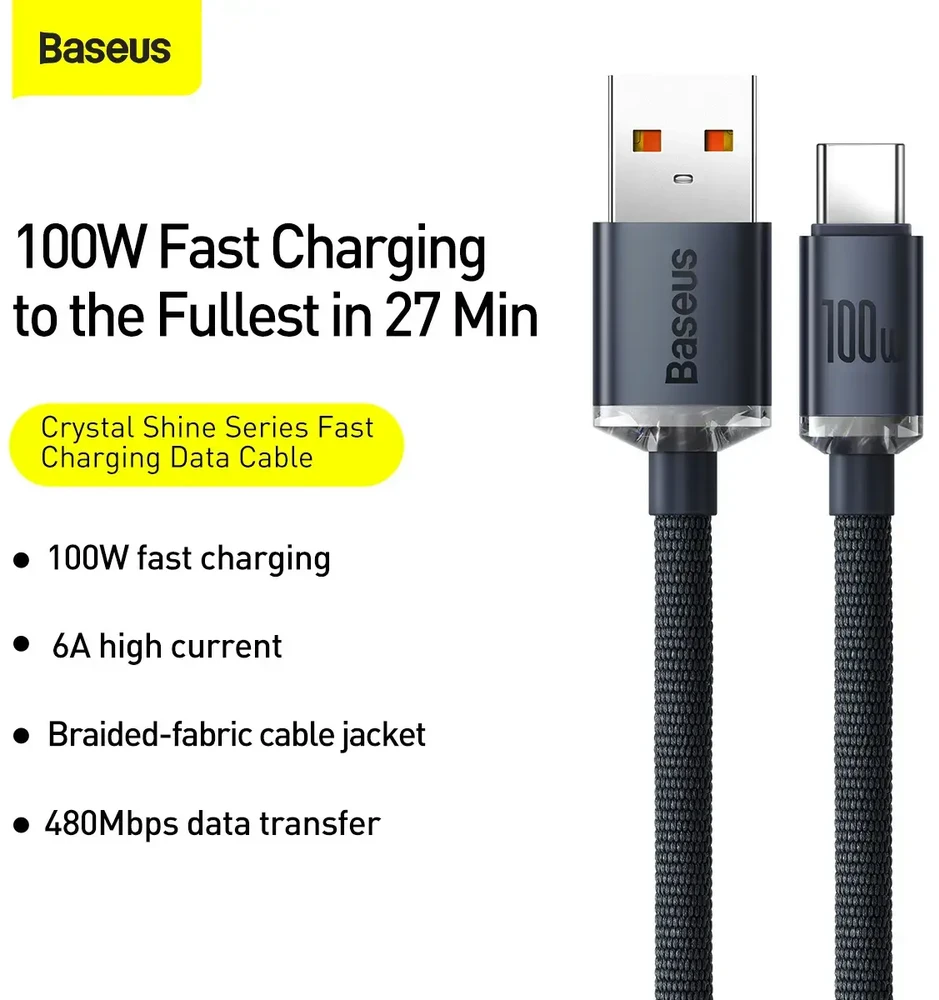 Baseus Crystal USB - USB-C laidas 100W 1.2m - Juodas