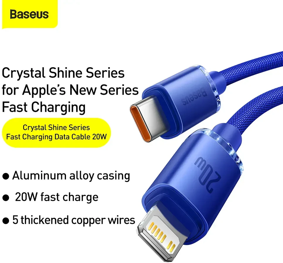 Baseus Crystal Shine serijos duomenų perdavimo ir įkrovimo kabelis | USB-C į Lightning | 20 W | 1,2 m | mėlynas