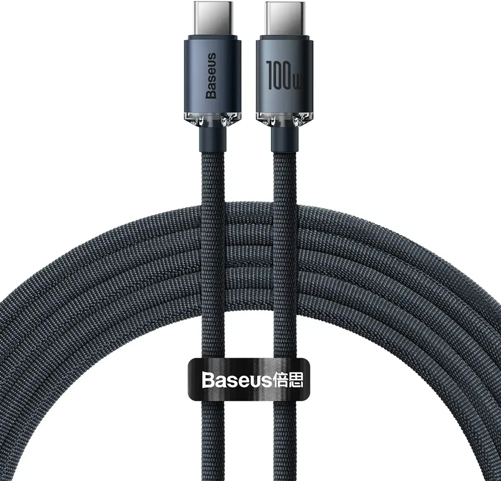 Baseus Crystal Shine serijos duomenų perdavimo ir įkrovimo kabelis | USB-C į USB-C | 100 W | 2 m | juodas