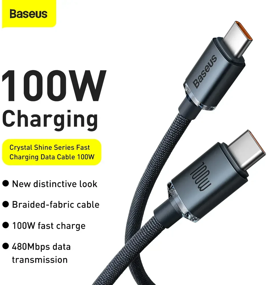 Baseus Crystal Shine serijos duomenų perdavimo ir įkrovimo kabelis | USB-C į USB-C | 100 W | 2 m | juodas