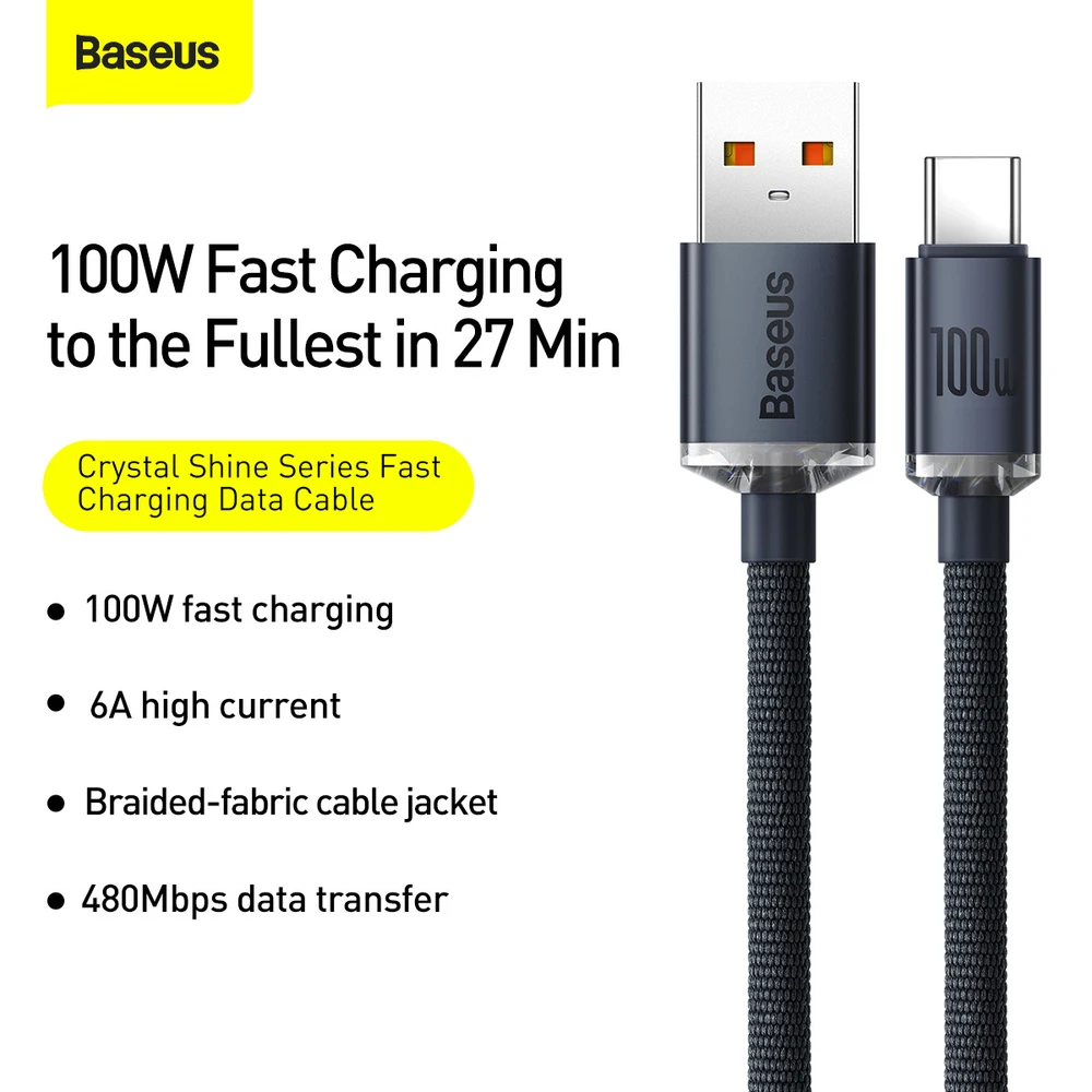 Baseus Crystal USB-USB-C laidas, 100W, 2m - juodas