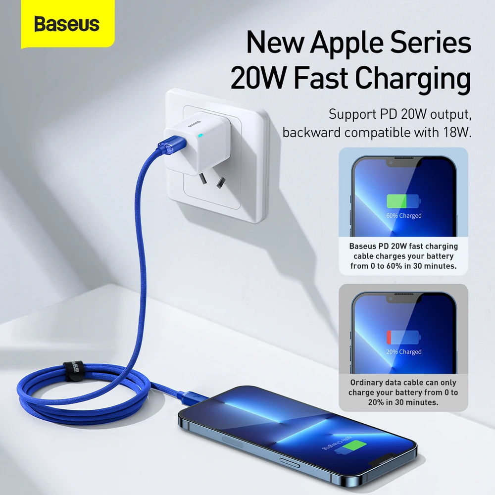 Baseus Crystal USB-C – Lightning laidas 20W 1.2m – Mėlynas