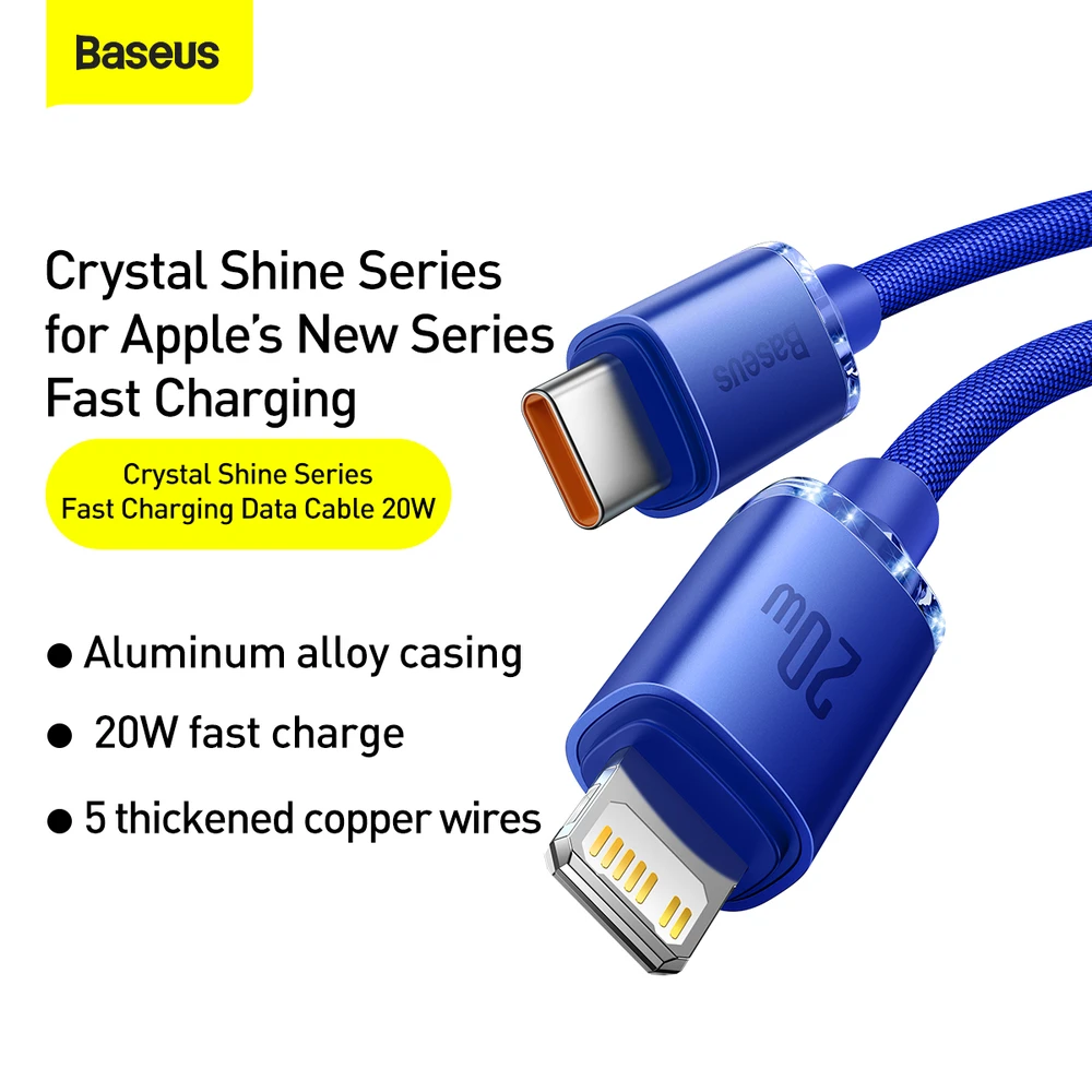 Baseus Crystal USB-C – Lightning laidas 20W 1.2m – Mėlynas