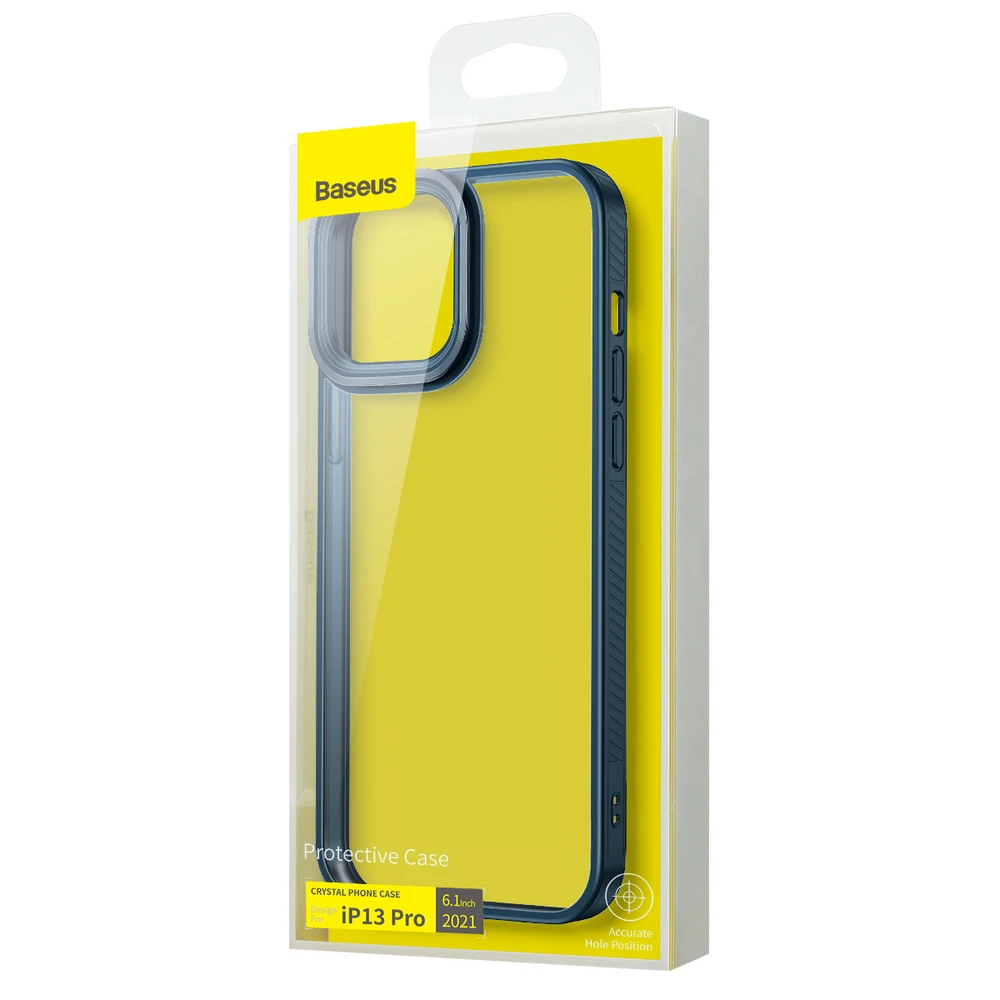 Baseus Crystal Phone Case kietas dėklas, skirtas iPhone 13 Pro su TPU rėmeliu mėlynu (ARJT000703)