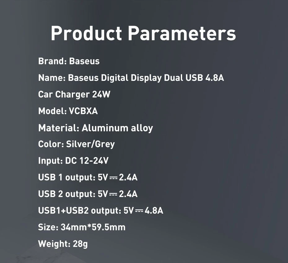 Baseus Automobilinis įkroviklis 2xUSB 4.8A 24 W - Sidabrinis