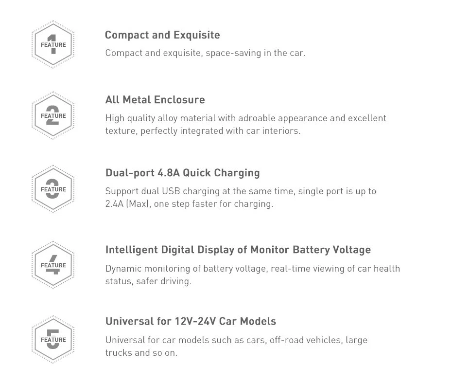 Baseus Automobilinis įkroviklis 2xUSB 4.8A 24 W - Sidabrinis