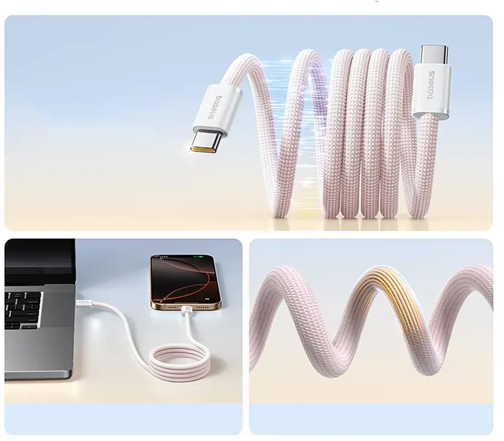 „Baseus Dynamic 4 Pro“ serijos duomenų kabelis USB-C – USB-C 100W 1m, kūdikių rožinė
