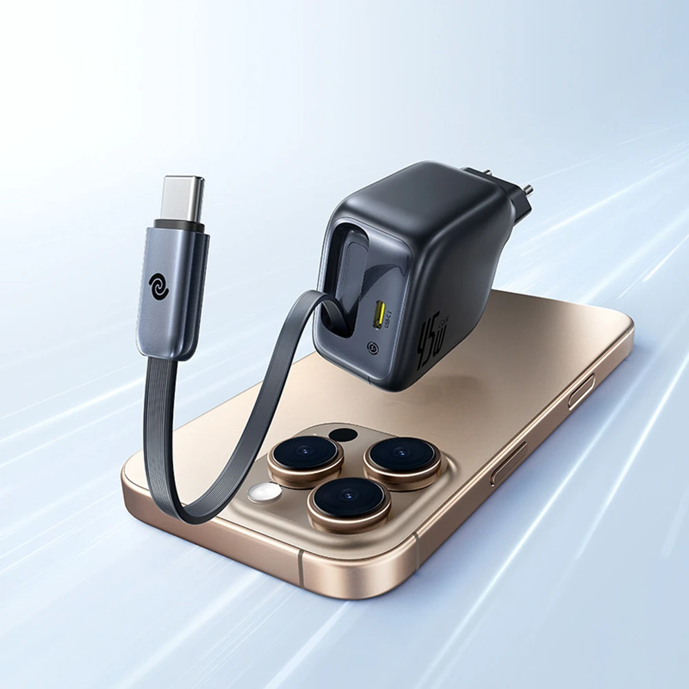 Baseus „EnerCore CJ11 45W su USB-C prievadu ir ištraukiamu USB-C laidu“ – juoda