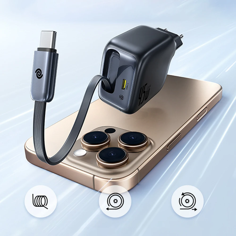 Baseus „EnerCore CJ11 45W su USB-C prievadu ir ištraukiamu USB-C laidu“ – juoda