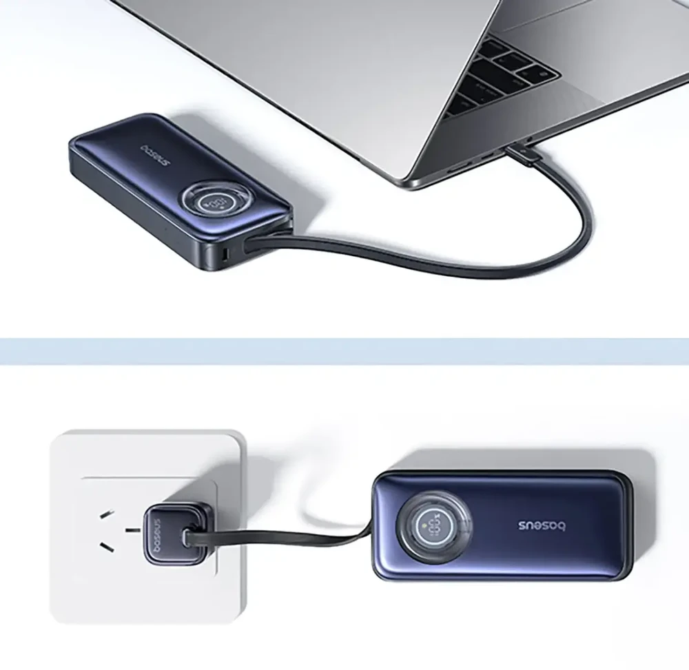 LiPo išorinis akumuliatorius (PowerBank) 20000mAh 67W su sutraukiamu kabeliu EnerCore CR11 BASEUS