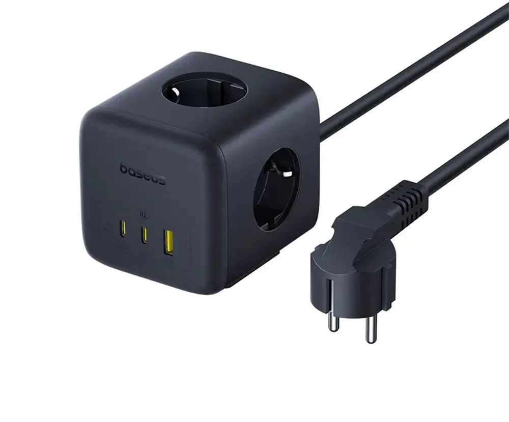 Baseus EnerFill FA11 67W ilgintuvas, USB-A + USB-C kubas + 3 x EU lizdai 1.5m – juodos spalvos