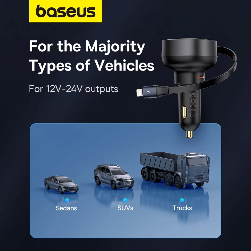 Automobilinis įkroviklis Baseus Enjoyment Pro su žaibo laidu + USB-C , 55 W (juodas)