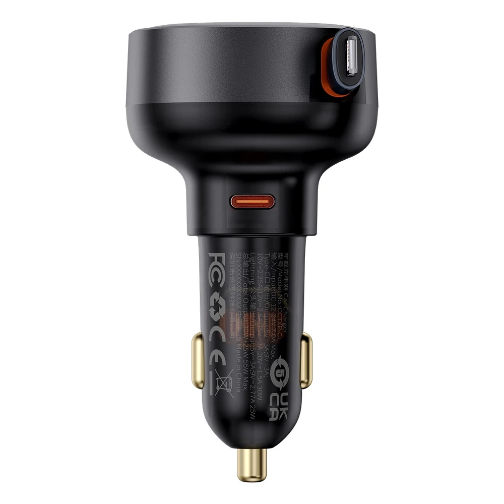 Automobilinis įkroviklis Baseus Enjoyment Pro su žaibo laidu + USB-C , 55 W (juodas)