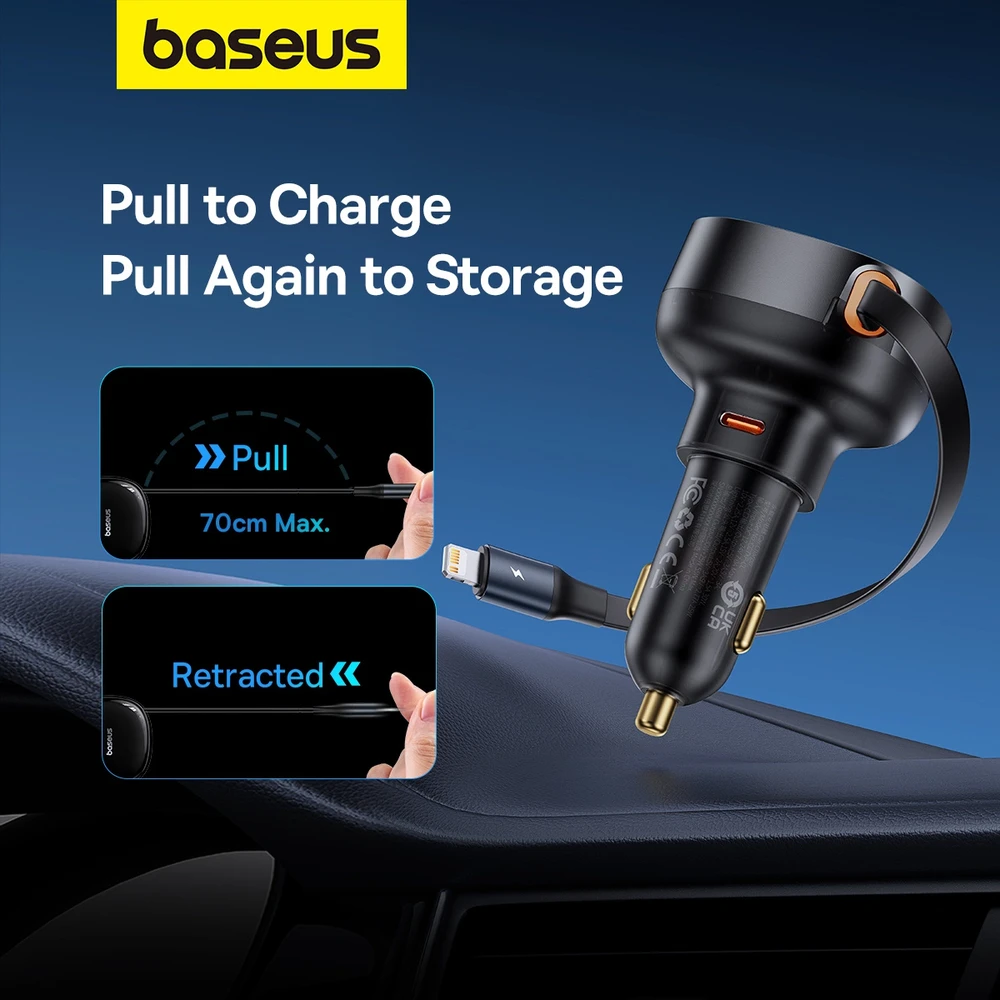 Automobilinis įkroviklis Baseus Enjoyment Pro su žaibo laidu + USB-C , 55 W (juodas)