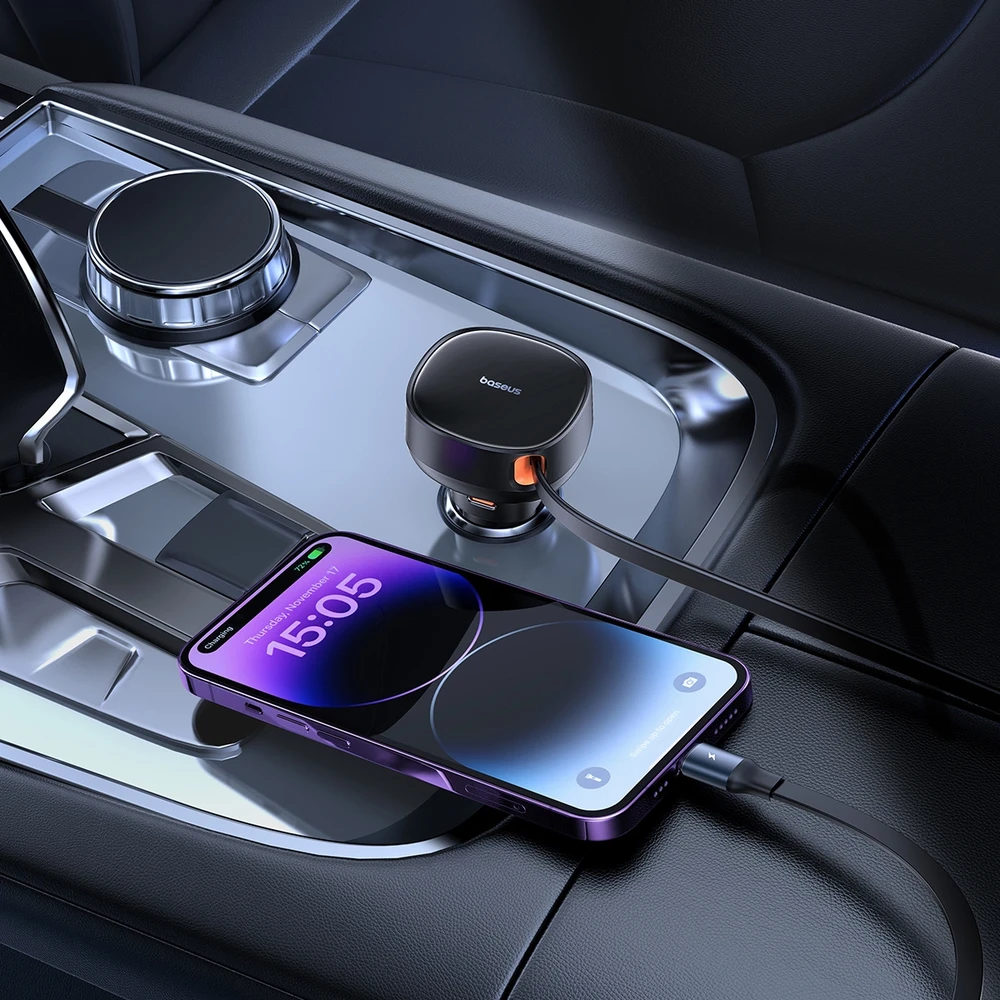 Automobilinis įkroviklis Baseus Enjoyment Pro su žaibo laidu + USB-C , 55 W (juodas)