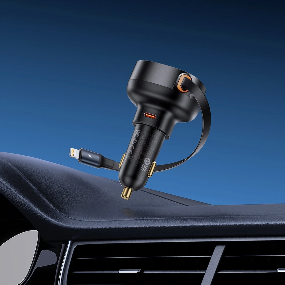 Automobilinis įkroviklis Baseus Enjoyment Pro su žaibo laidu + USB-C , 55 W (juodas)
