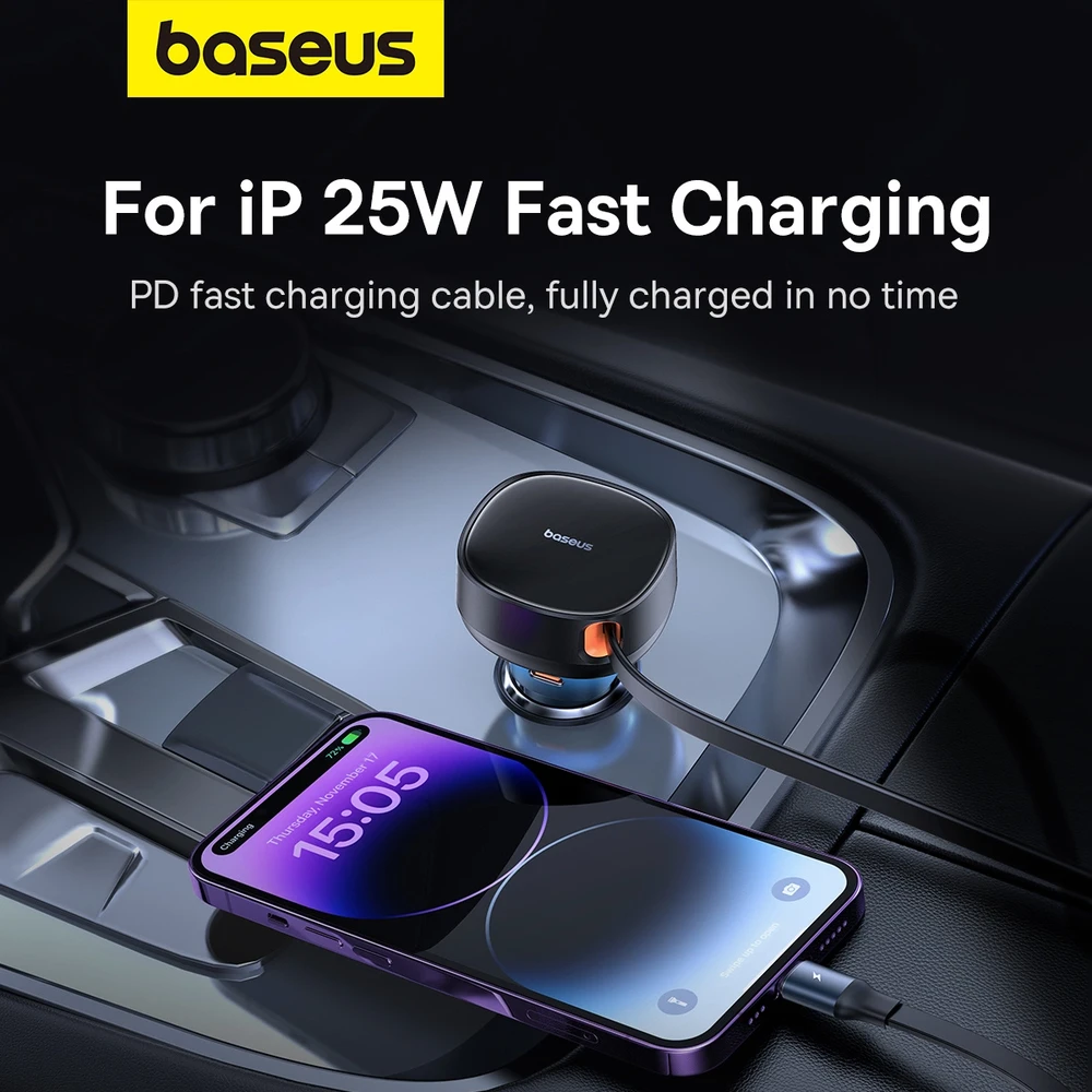 Automobilinis įkroviklis Baseus Enjoyment Pro su žaibo laidu + USB-C , 55 W (juodas)