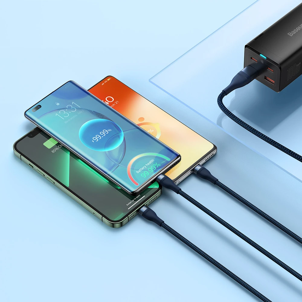Baseus Flash Series 2 3in1 USB laidas USB-C + micro USB + Lightning 100W 1.2m – Mėlynas